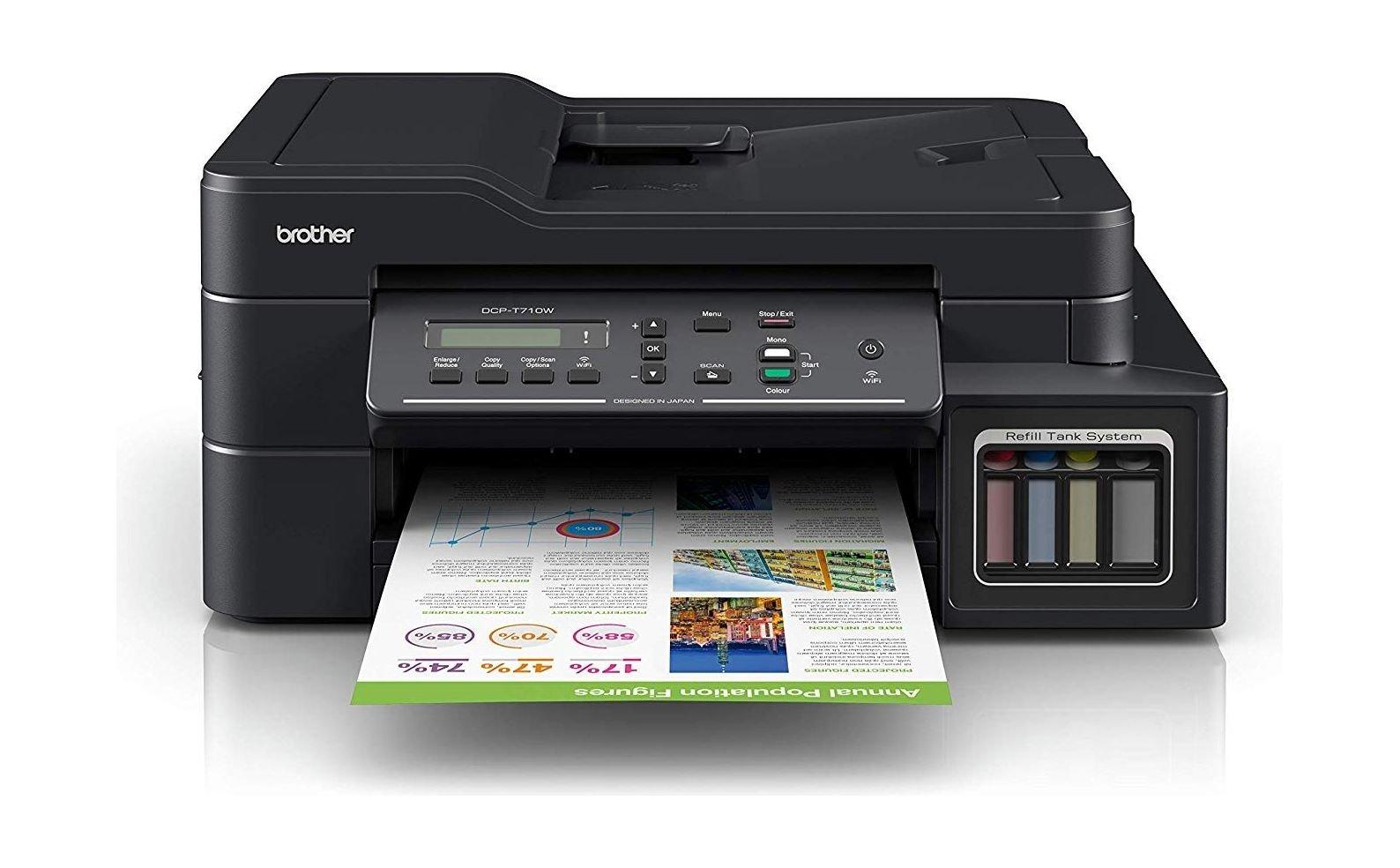 طابعة ٣ في ١ إنك جيت اللاسلكية بخاصية إعادة تعبئة خزانات الحبر من برزر (DCPT710W)