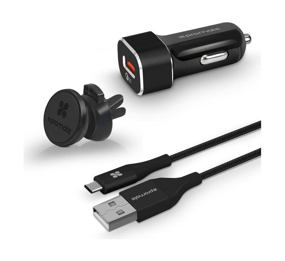 Promate AutoGearQC3 USBC Car charger & Cable Black Price in Kuwait