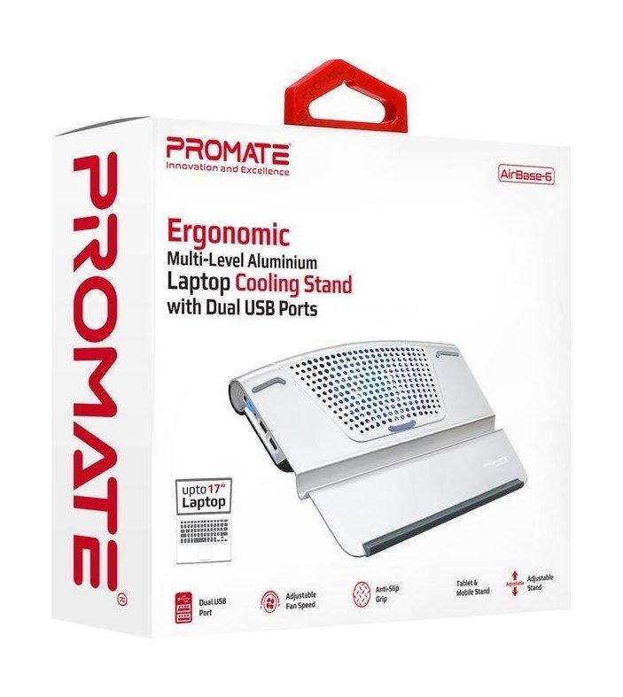 Promate Ergonomic Multi-Level Aluminium Laptop Cooling Stand - Silver