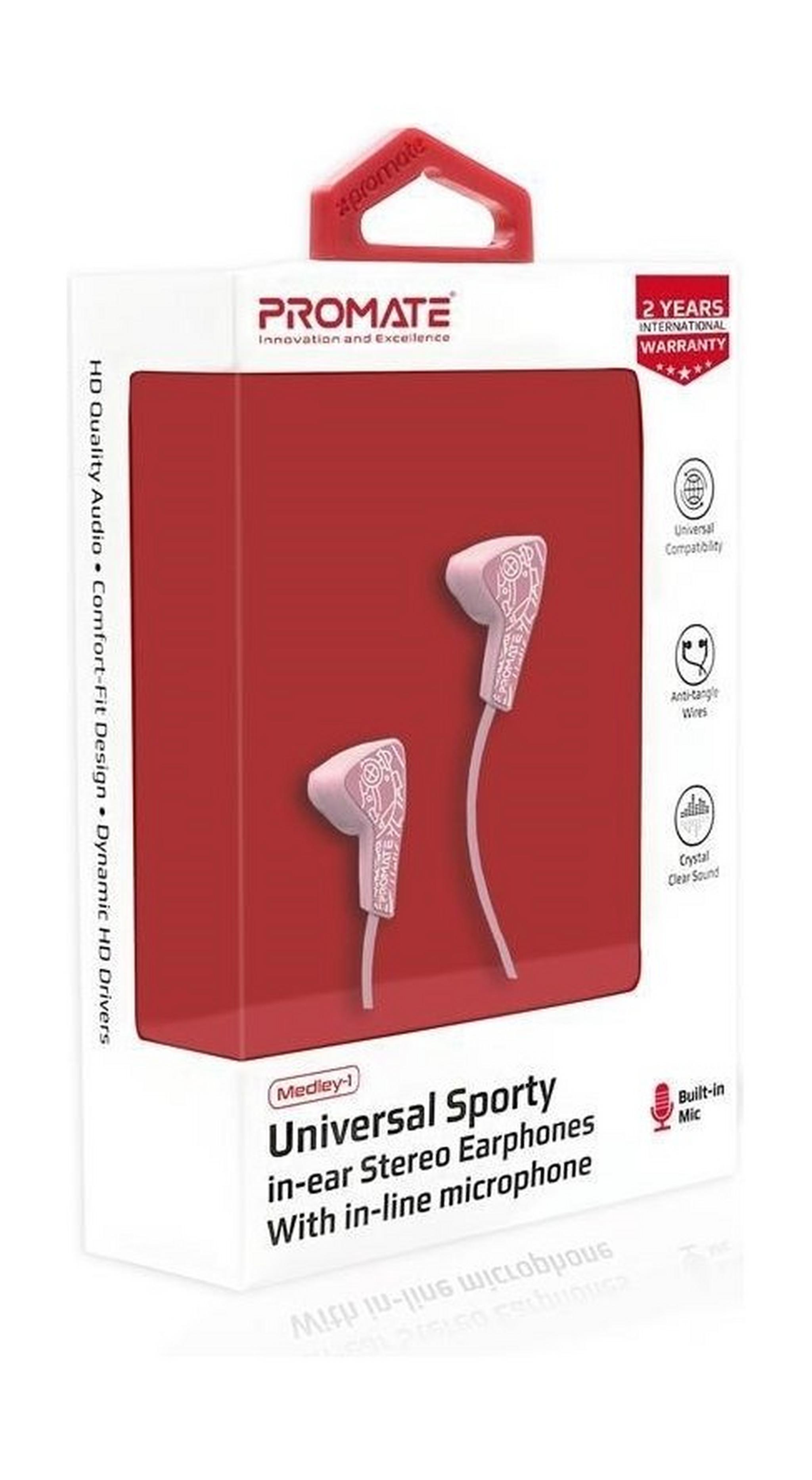 Promate Medley-1  Universal Sporty In-Ear Stereo Earphones - Pink