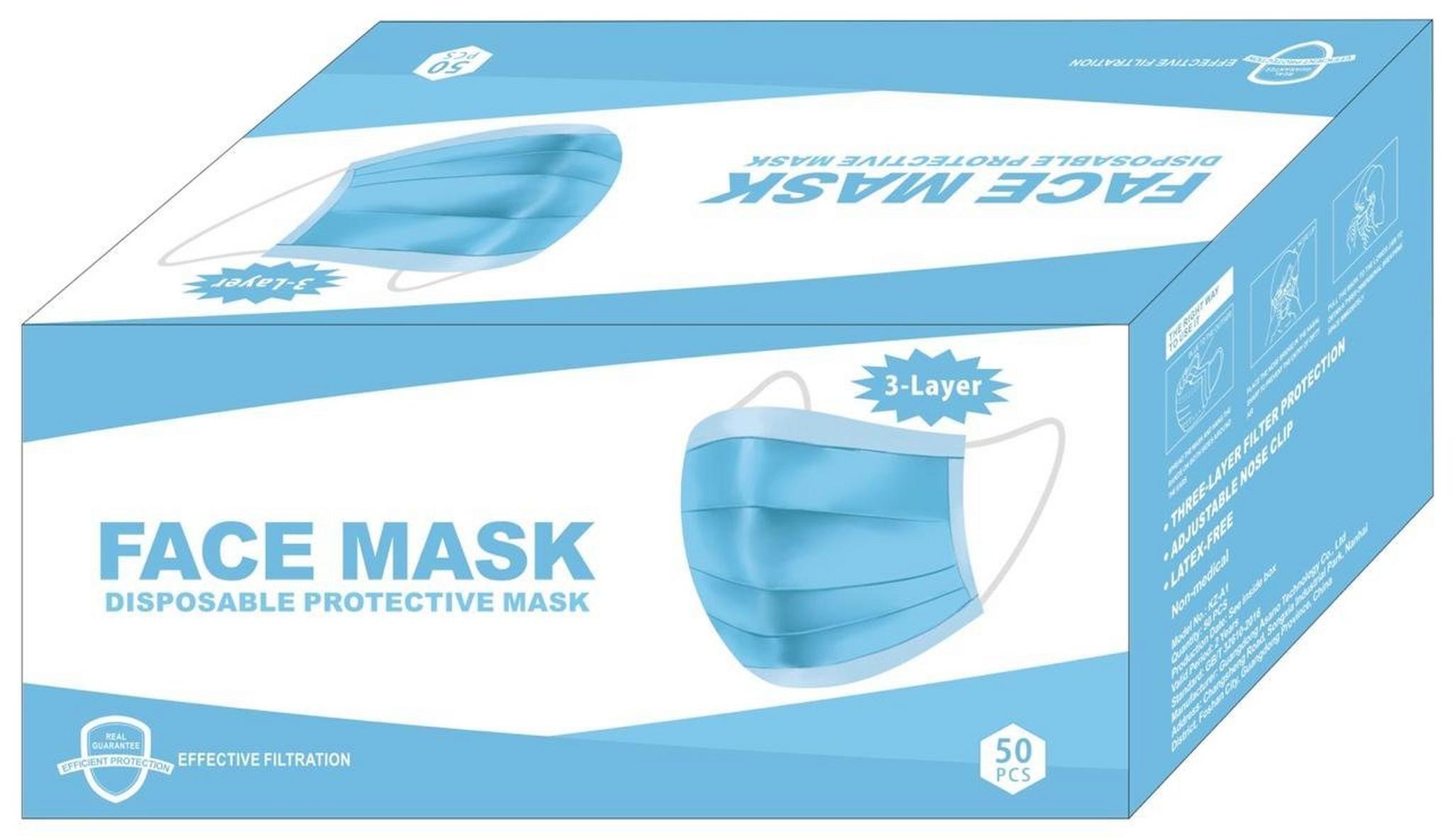 3 - Layer Disposable Protective Face Mask - 50 Pieces
