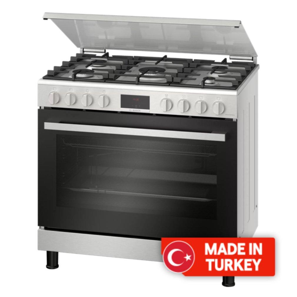 Buy Bosch 5 burners floor standing gas cooker, 90x60cm, hgw3asq50m - stainless steel in Kuwait