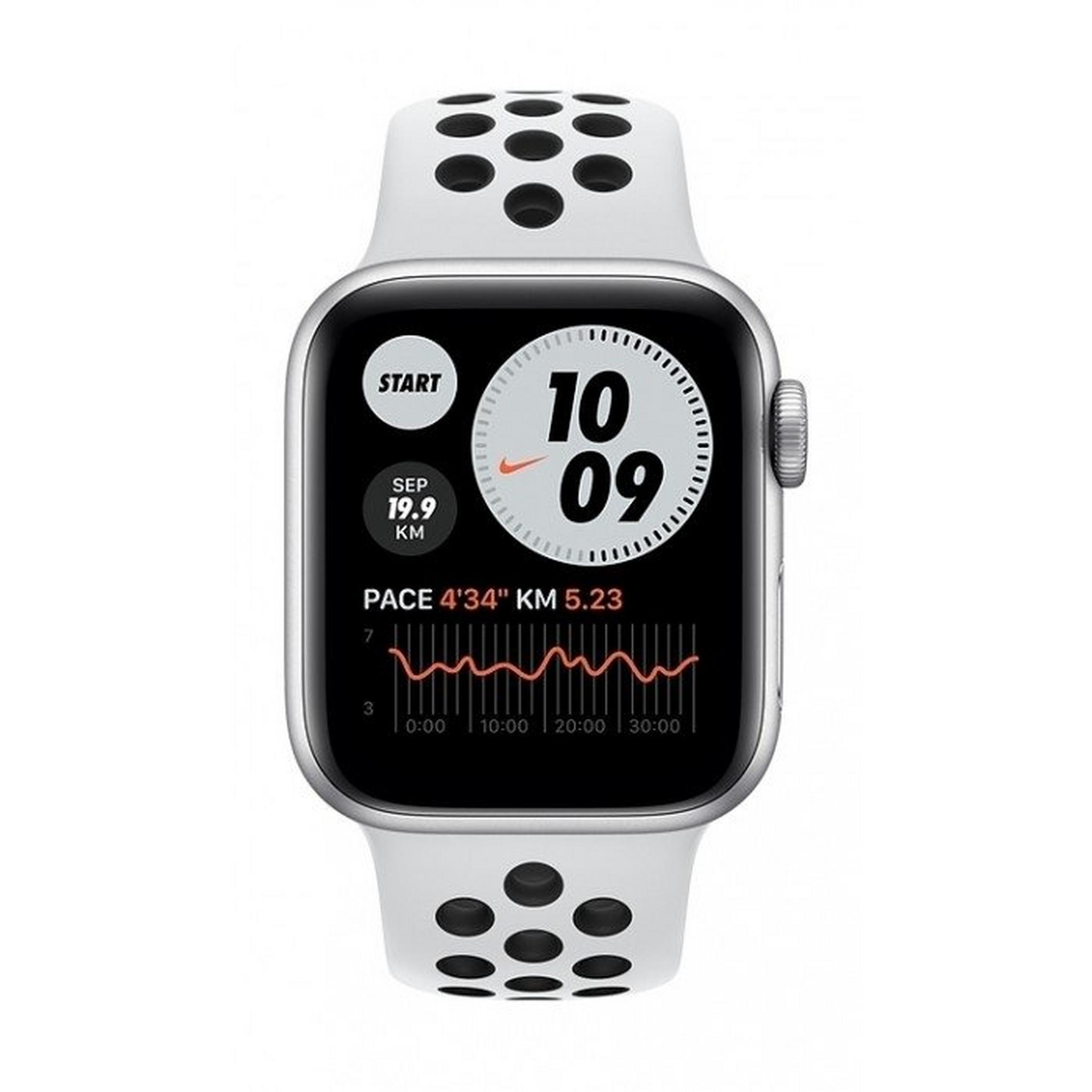 ساعة أبل الجيل السادس إصدار نايك مقاس 40 ملم ألومنيوم مع حزام رياضي - فضي / بلاتيني