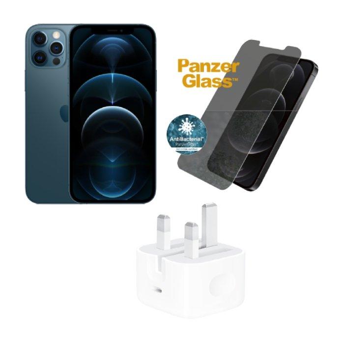 iPhone 12 Pro 5G 128GB - Blue + PanzerGlass iPhone 12 Pro Standard Glass Screen Protector (P2708) - Privacy + Apple 20W USB‑C Power Adapter (MHJF3ZE/A)