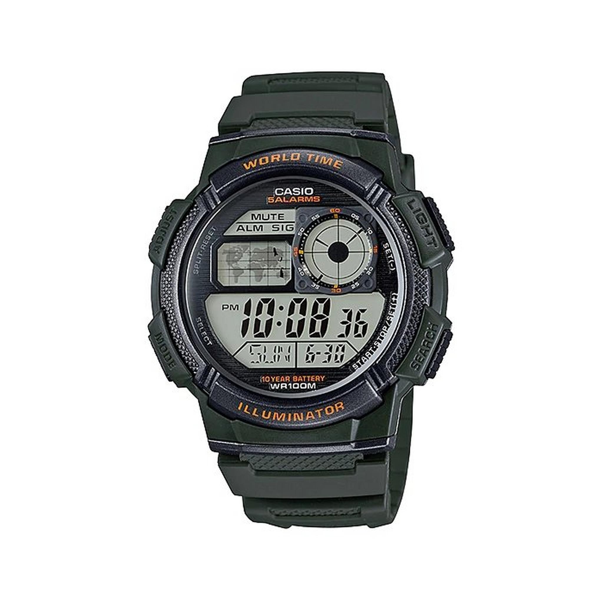 ساعة رقمية GRO للرجال 44 ملم مع حزام ريزين من كاسيو (AE-1000W-3AVDF) – أخضر