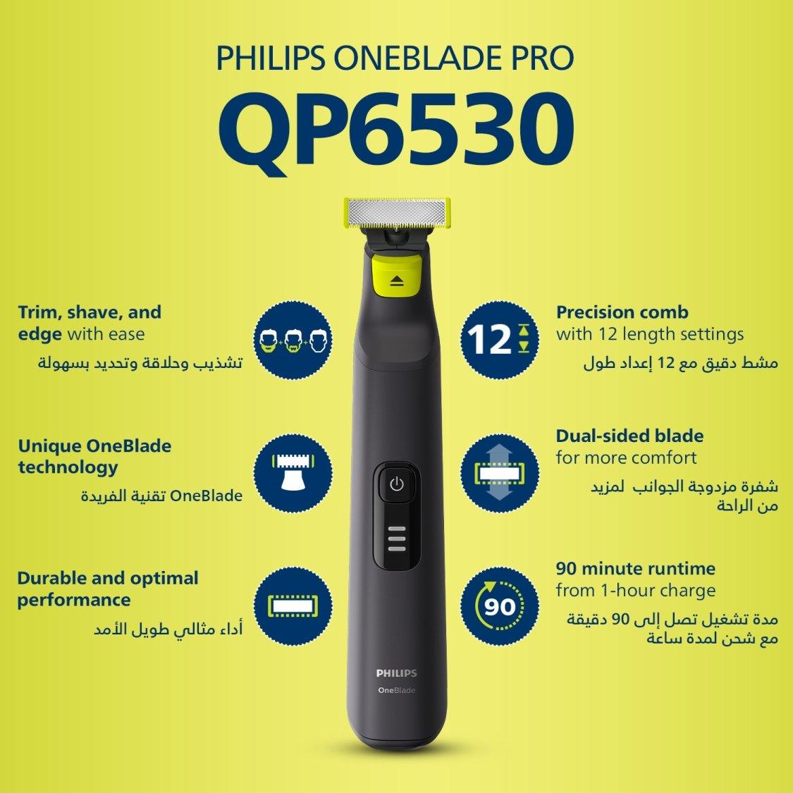 Philips OneBlade Pro QP6530/23 | Wet & Dry Use | Trim, Edge & Shave Any Length of Hair| 12-Length Precision Comb, Dual-Sided Blade | 90min Cordless Use