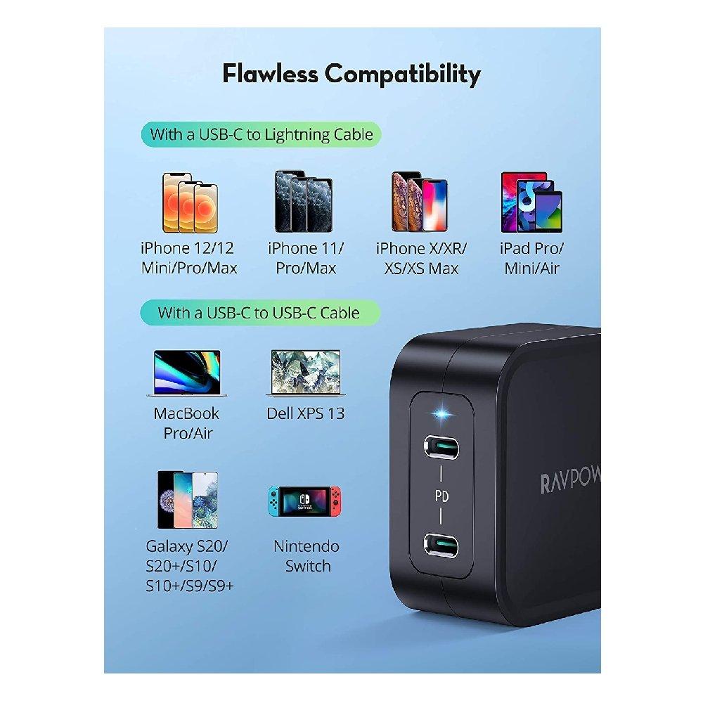 Ravpower Plug 65W 2-Port USB C Fast Charger - Black