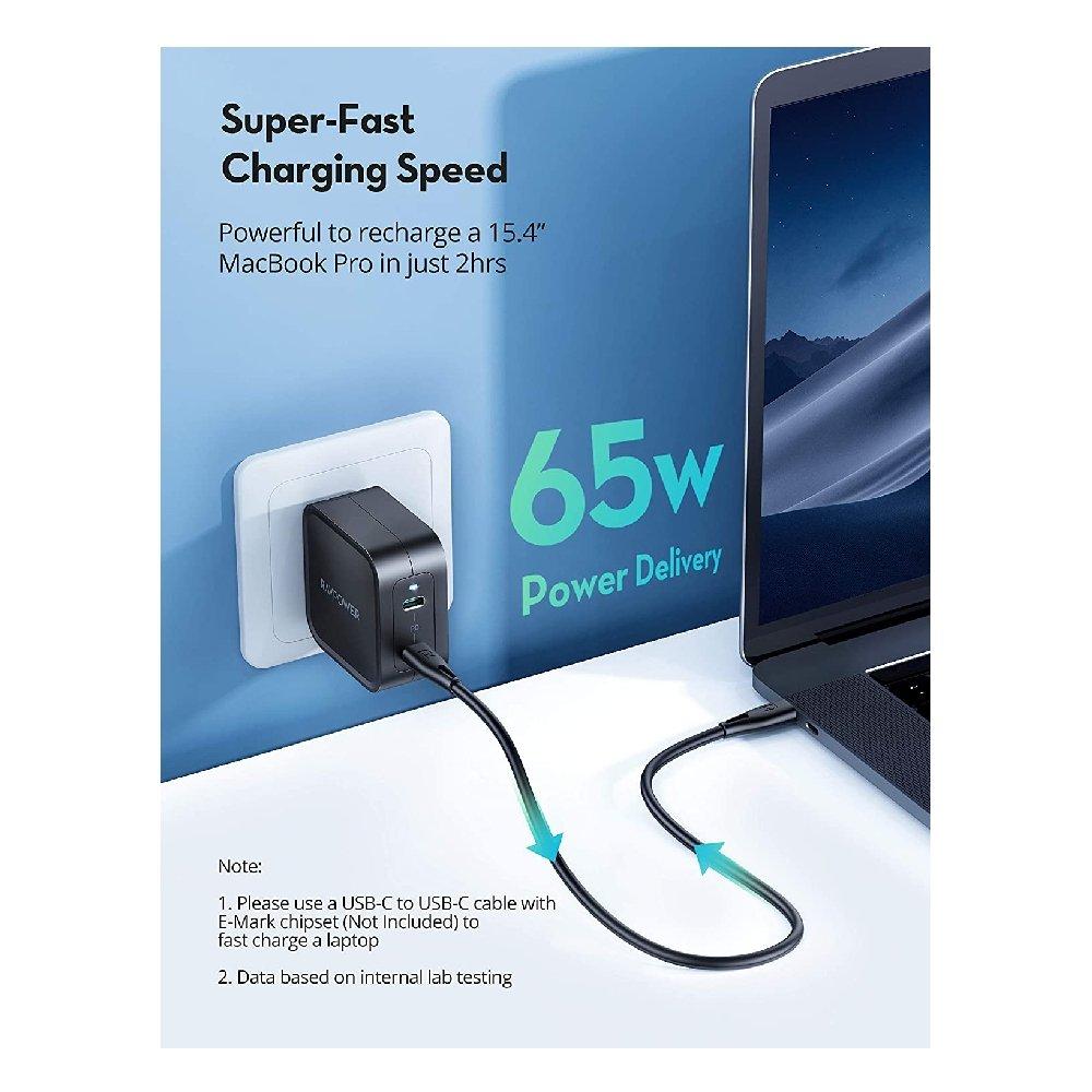 Ravpower Plug 65W 2-Port USB C Fast Charger - Black