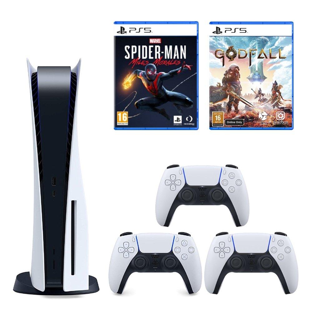 Sony PlayStation 5 Blu-Ray Console + 2 Additional DualSense 5 Wireless Controllers + Spider-Man Miles Morales Game + Godfall Game