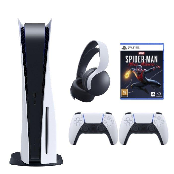 Sony PlayStation 5 Console + PS5 DualSense Wireless Controller + Marvel’s Spider Man Miles Morales + Pulse 3D Wireless Headset - White