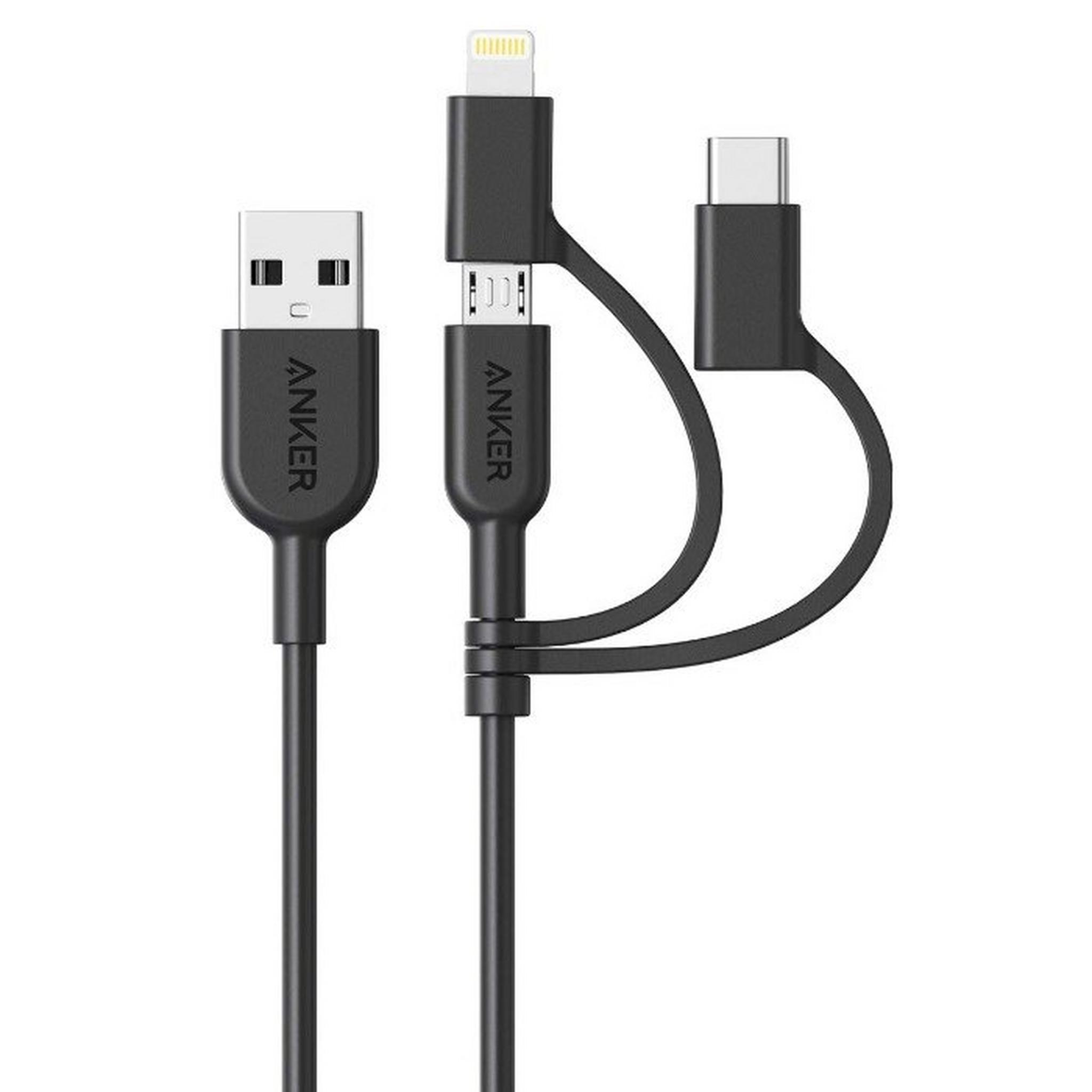 Anker PowerLine II 3 in 1 3ft Cable, Micro USB, USB-C And Lightning Connectors - Black