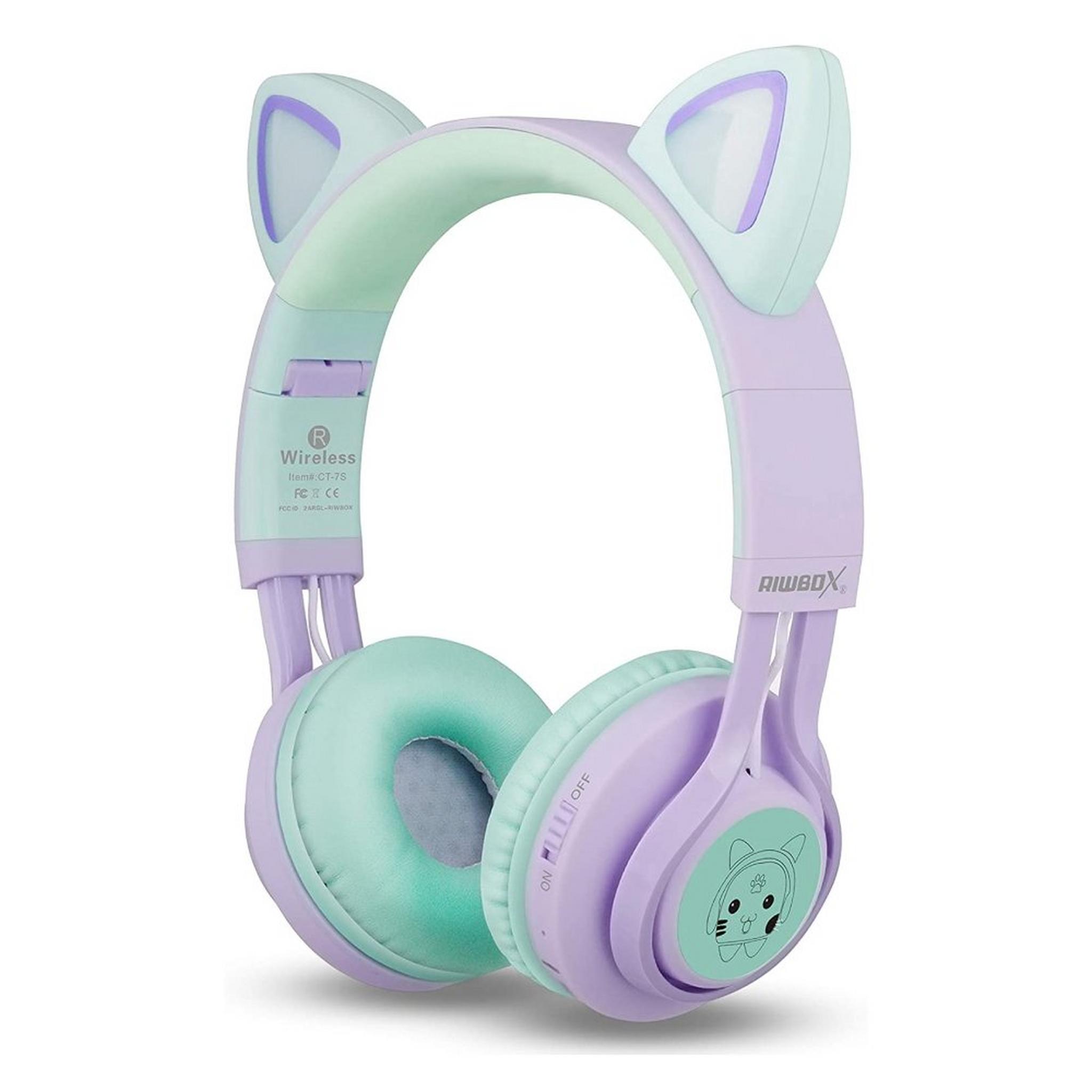 Riwbox Cat Ears Kids Bluetooth Headphones - Purple/Green