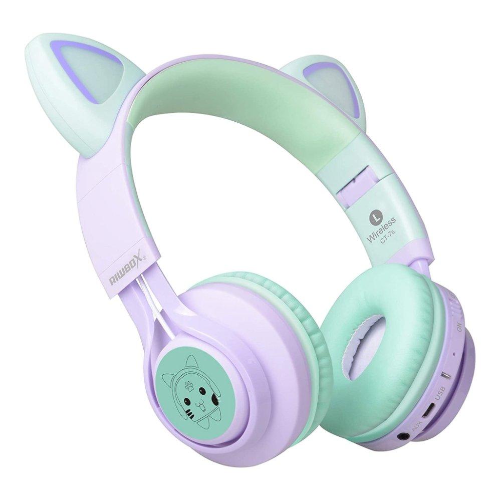 Riwbox Cat Ears Kids Bluetooth Headphones - Purple/Green