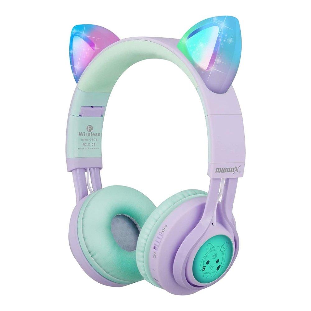 Riwbox Cat Ears Kids Bluetooth Headphones - Purple/Green