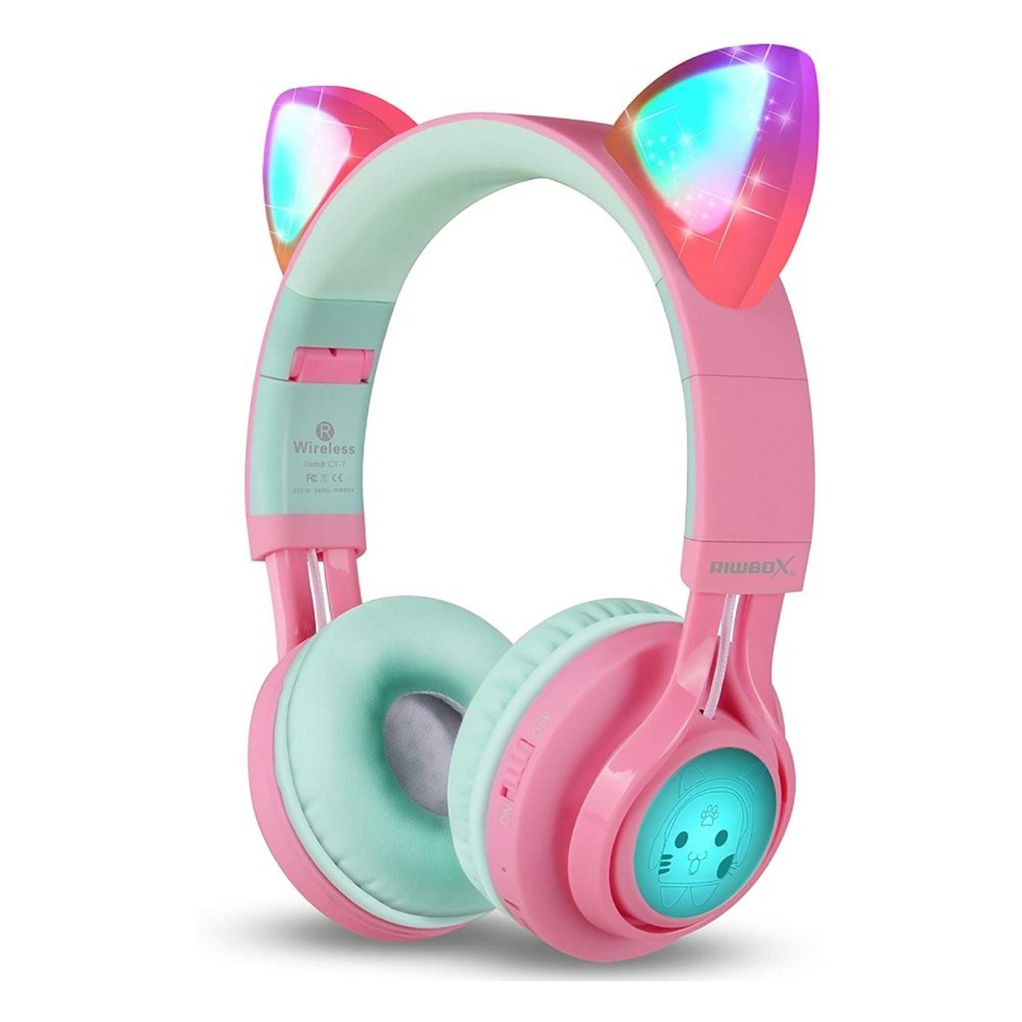 Riwbox Cat Ears Kids Bluetooth Headphones - Pink/Green