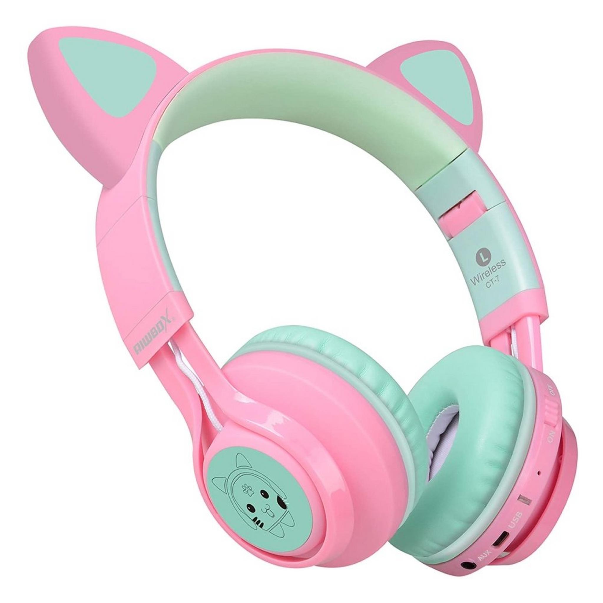 Riwbox Cat Ears Kids Bluetooth Headphones - Pink/Green