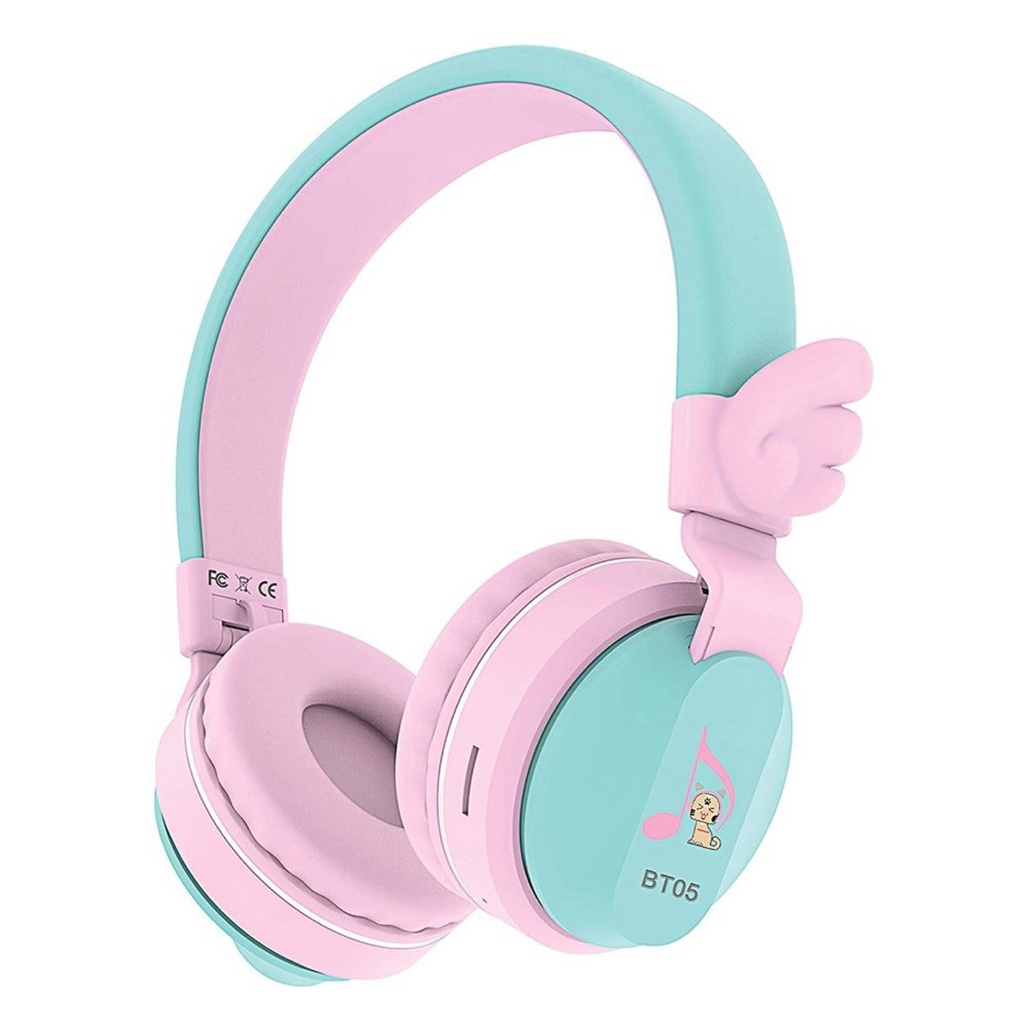 Riwbox Wings Kids Bluetooth Headphones - Pink/Green