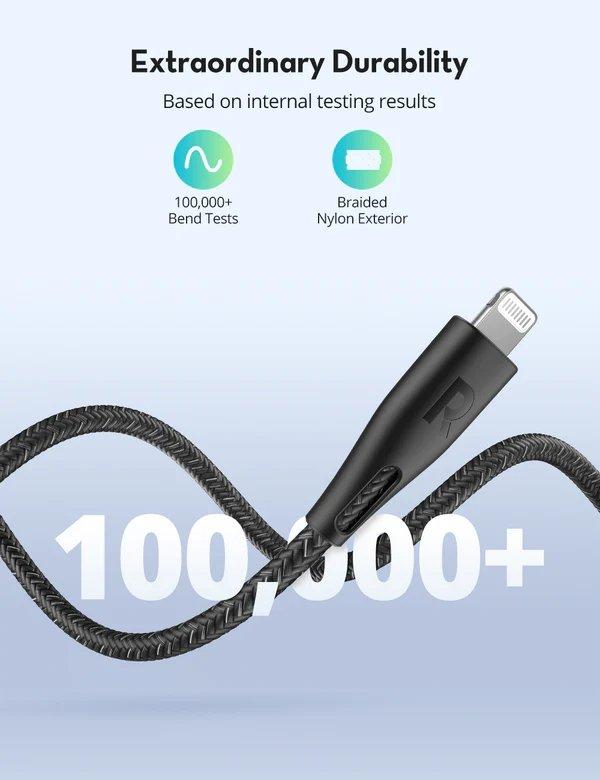 RAVPower USB-C to Lightning 2m Nylon Cable - Black