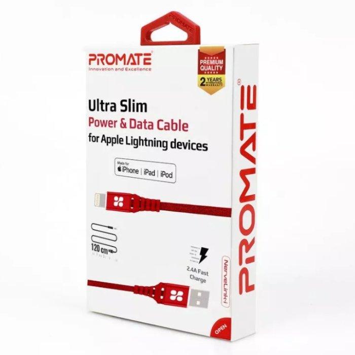 Promate Ultra-Slim Power and Data Cable with Lightning Connector Red