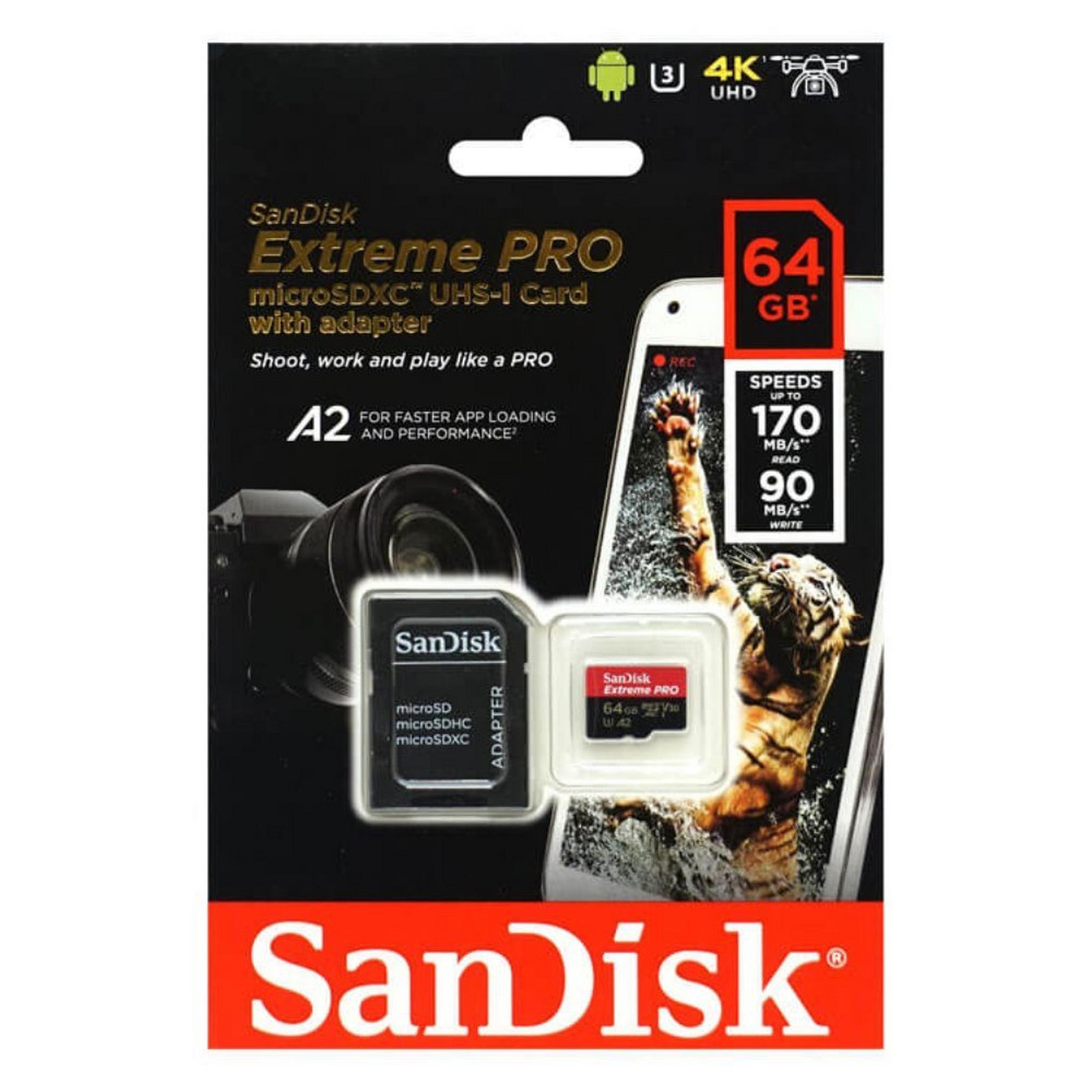 SanDisk Extreme Pro microSD UHS I Card 64GB 200MB/s Read, 90MB/s write.