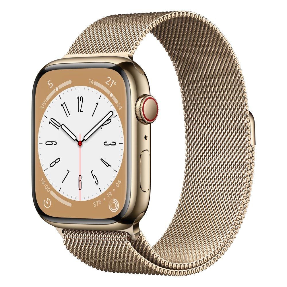 Buy Apple watch series 8 gps + cellular 41mm gold stainless steel case with gold milanese loop in Kuwait