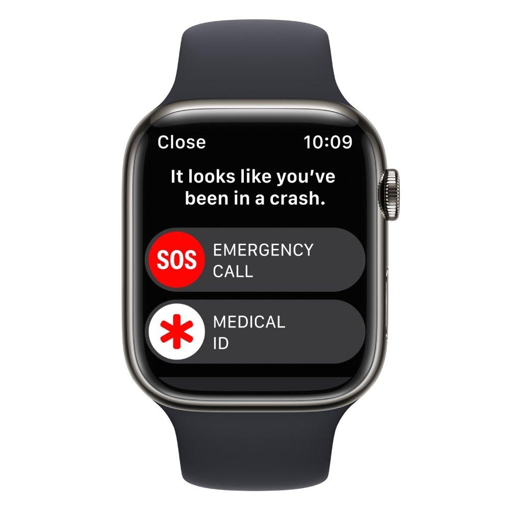 ساعة أبل سلسلة 8 الخلوية + جي بي اس - 41 ملم - غطاء جرافيت من الستانلس ستيل مع سوار رياضي سماء الليل - عادي