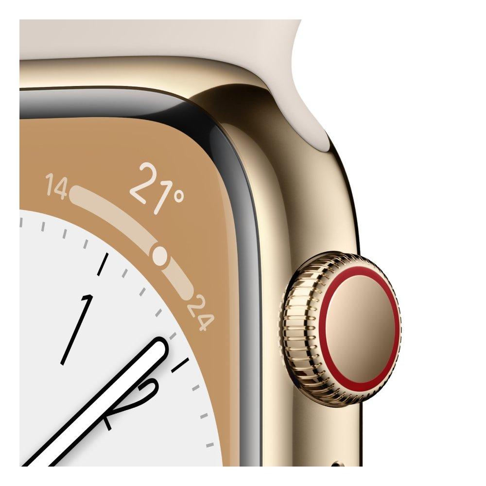 ساعة أبل سلسلة 8 الخلوية + جي بي اس - 45 ملم - غطاء من الستانلس ستيل ذهبي مع سوار رياضي ضوء النجوم- عادي