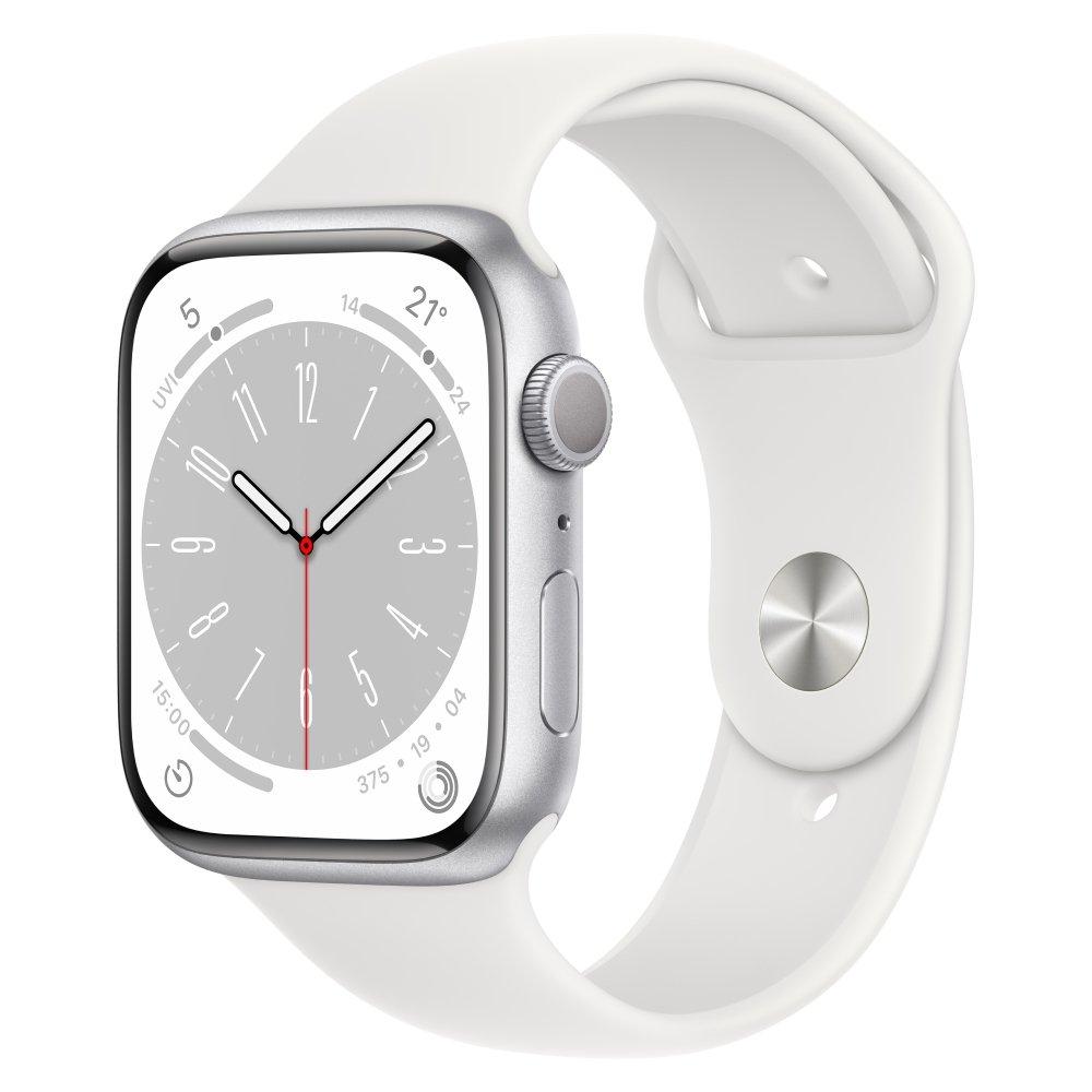 Buy Apple watch series 8 gps 45mm silver aluminium case with white sport band - regular in Saudi Arabia