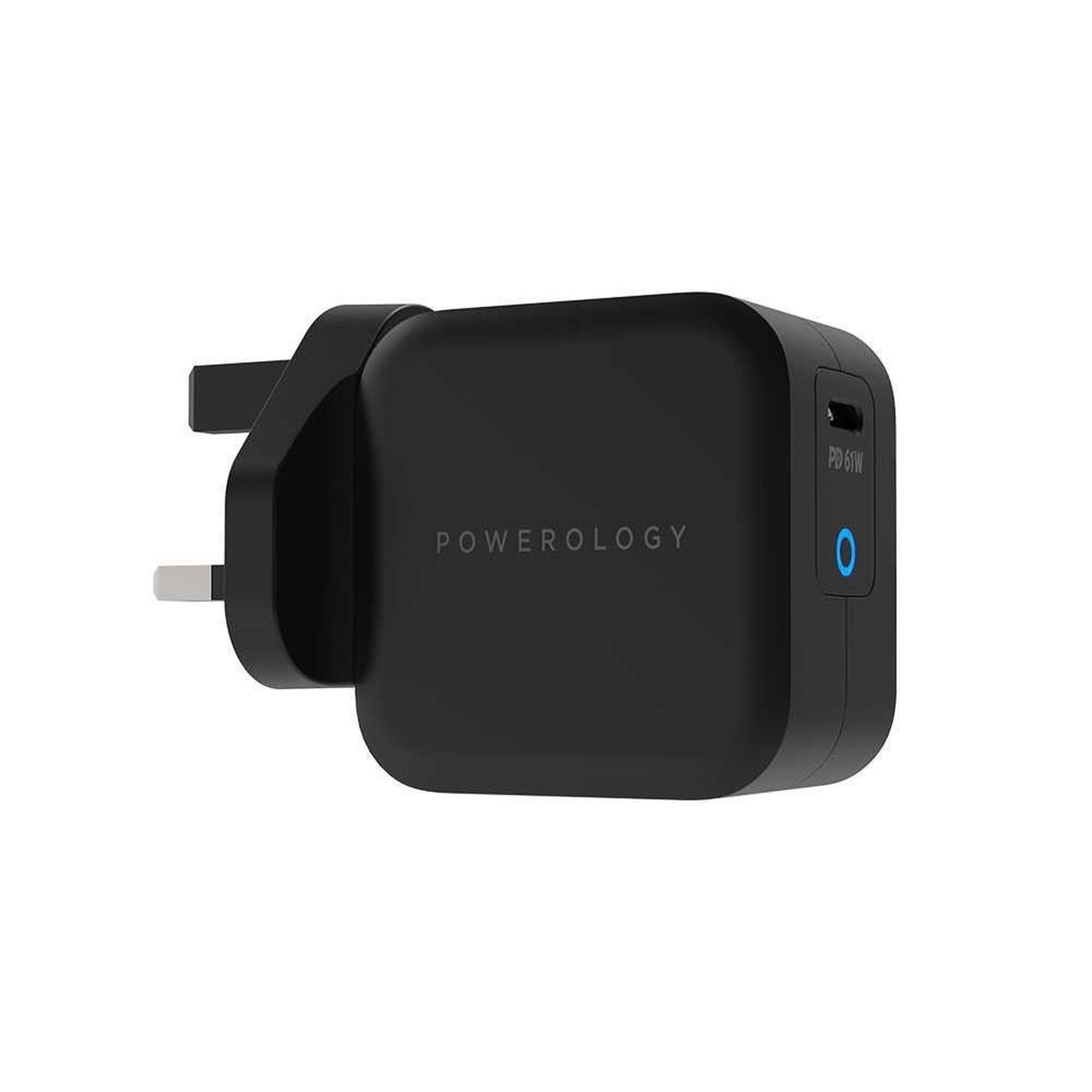 Powerology Ultra-Compact 61W GaN Charger + 2m USB-C to USB-C Cable - Black