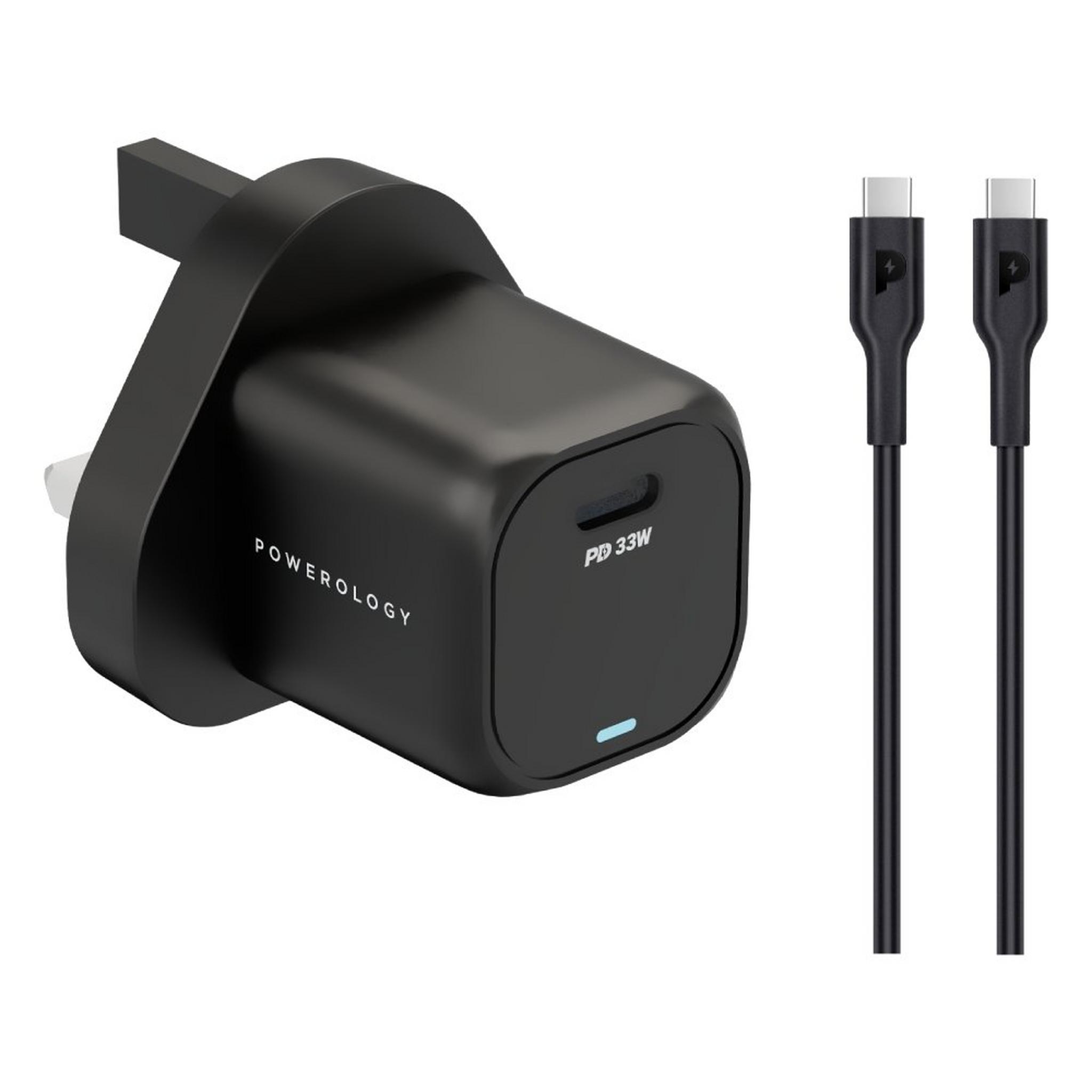 Powerology 33W GaN PD Charger + USB-C To USB-C 1.2m Cable - Black