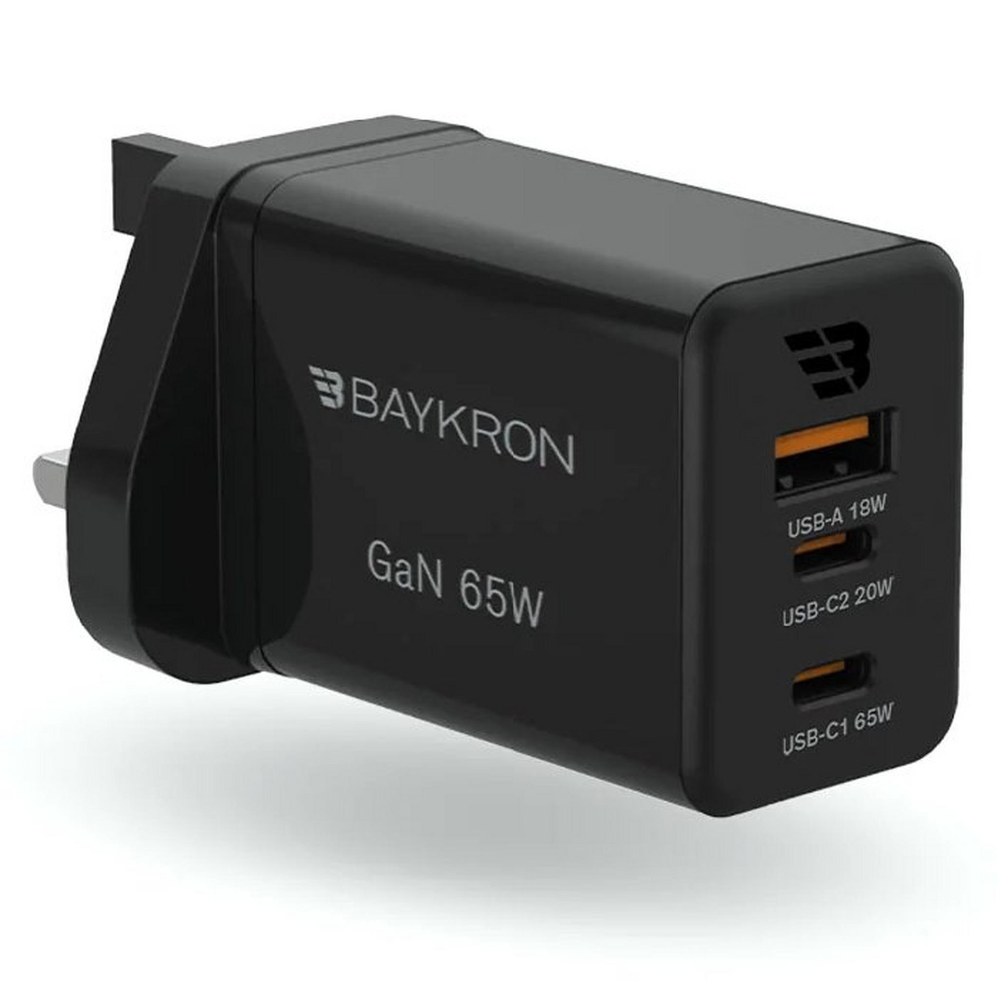 Baykron Premium GaN Ultra Fast Wall Charger, 65W, 3 Ports, UK Plug, BA-WC-004 - Black