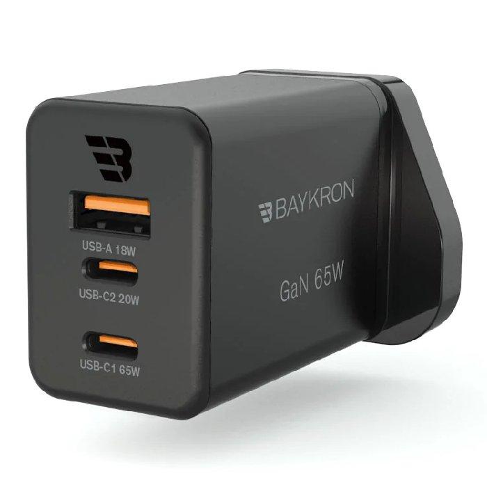 شاحن جداري جان فائق السرعة من بايكرون، 65 واط، 3 منافذ، قابس اوروبي، BA-WC-004 - أسود