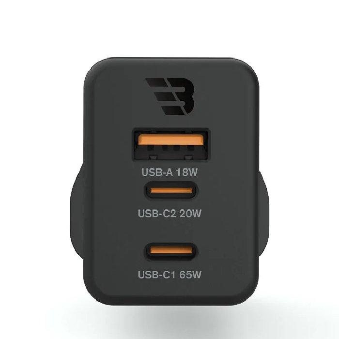 شاحن جداري جان فائق السرعة من بايكرون، 65 واط، 3 منافذ، قابس اوروبي، BA-WC-004 - أسود