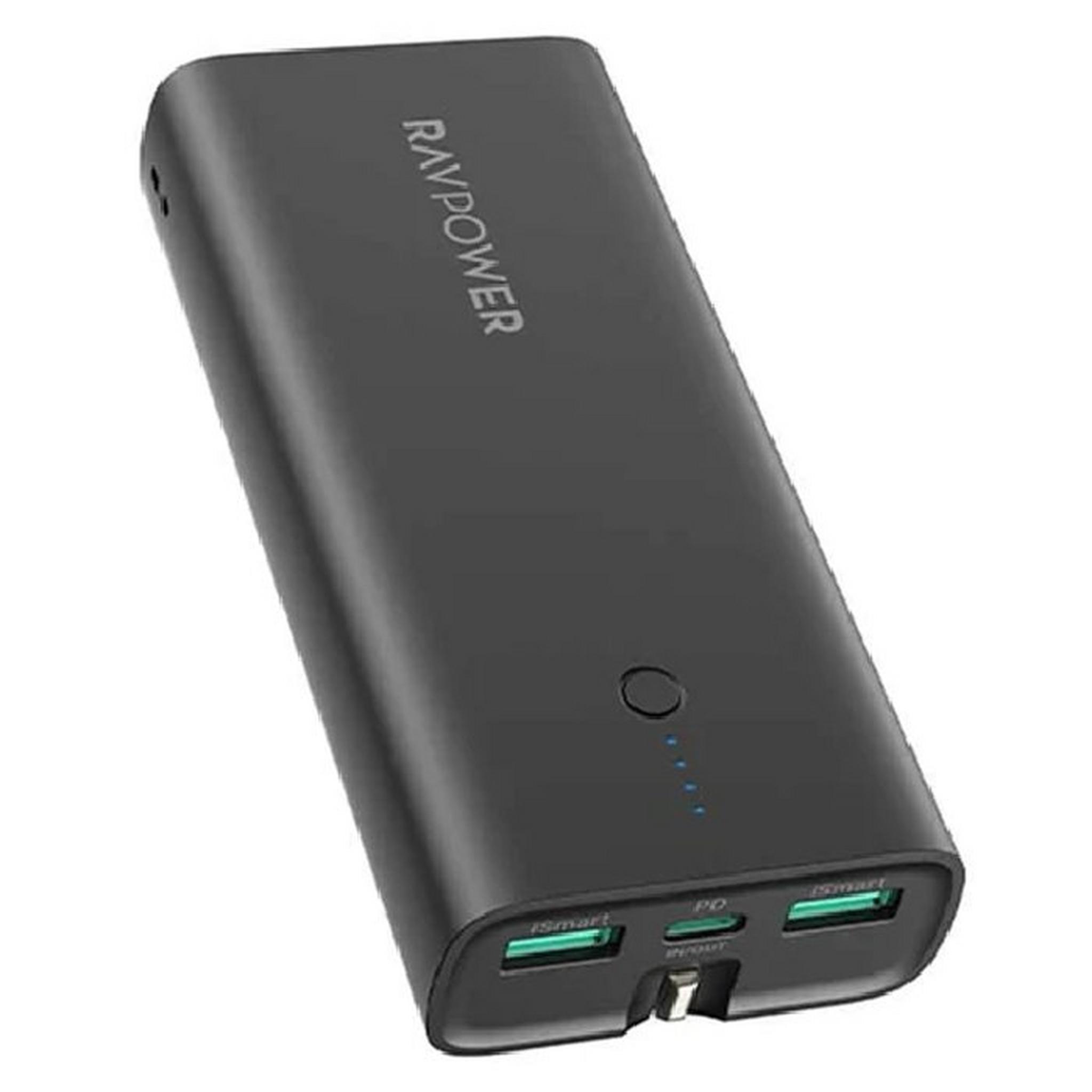 Ravpower 2 in 1 Power Bank with AC Adapter, 10000mAh, 20W, 3-Ports, PB243 - Black