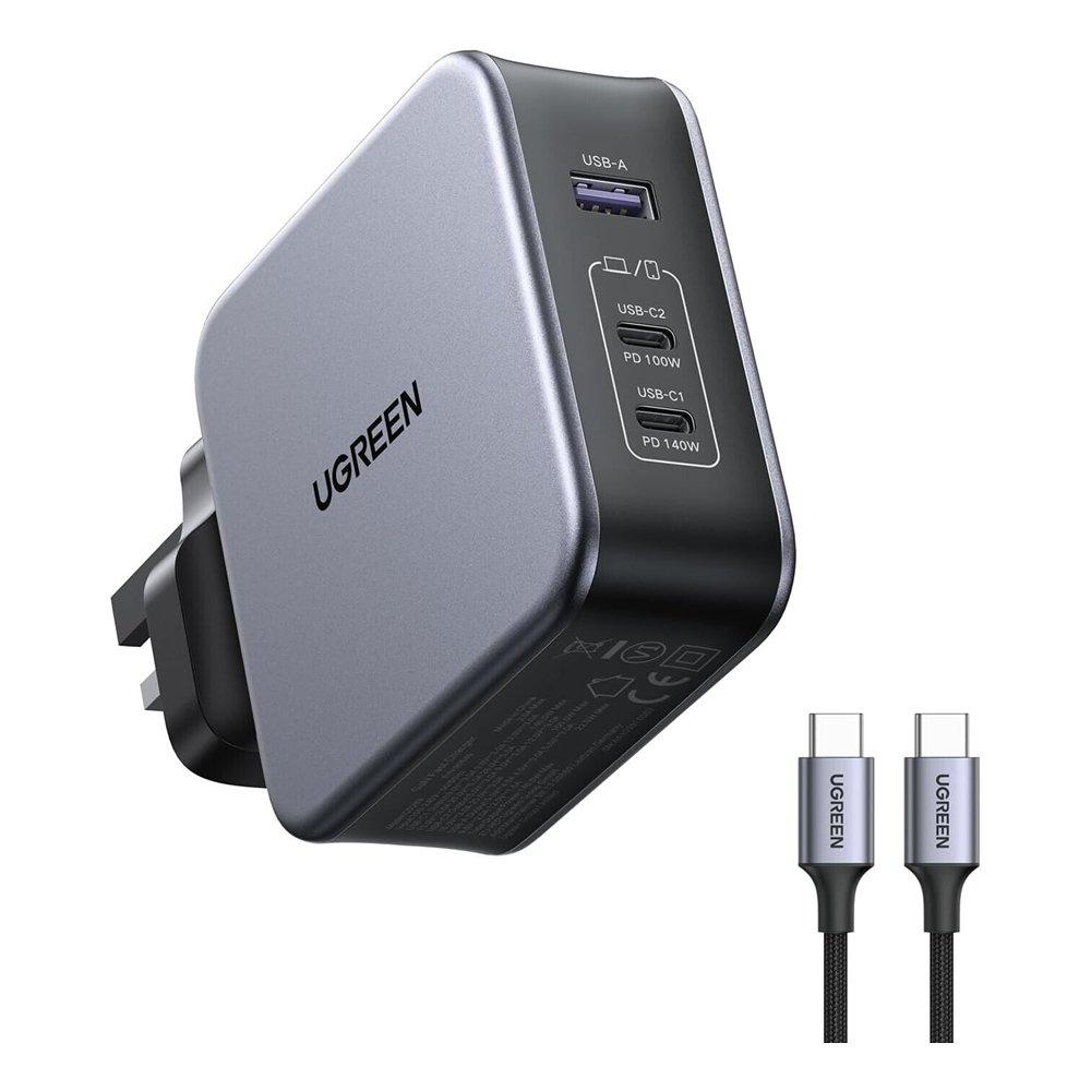 شاحن جداري جان فائق السرعة مع كابل شحن يو اس بي من يوجرين ، 140 واط، 3 منافذ، قابس اوروبي، CD289 - رمادي