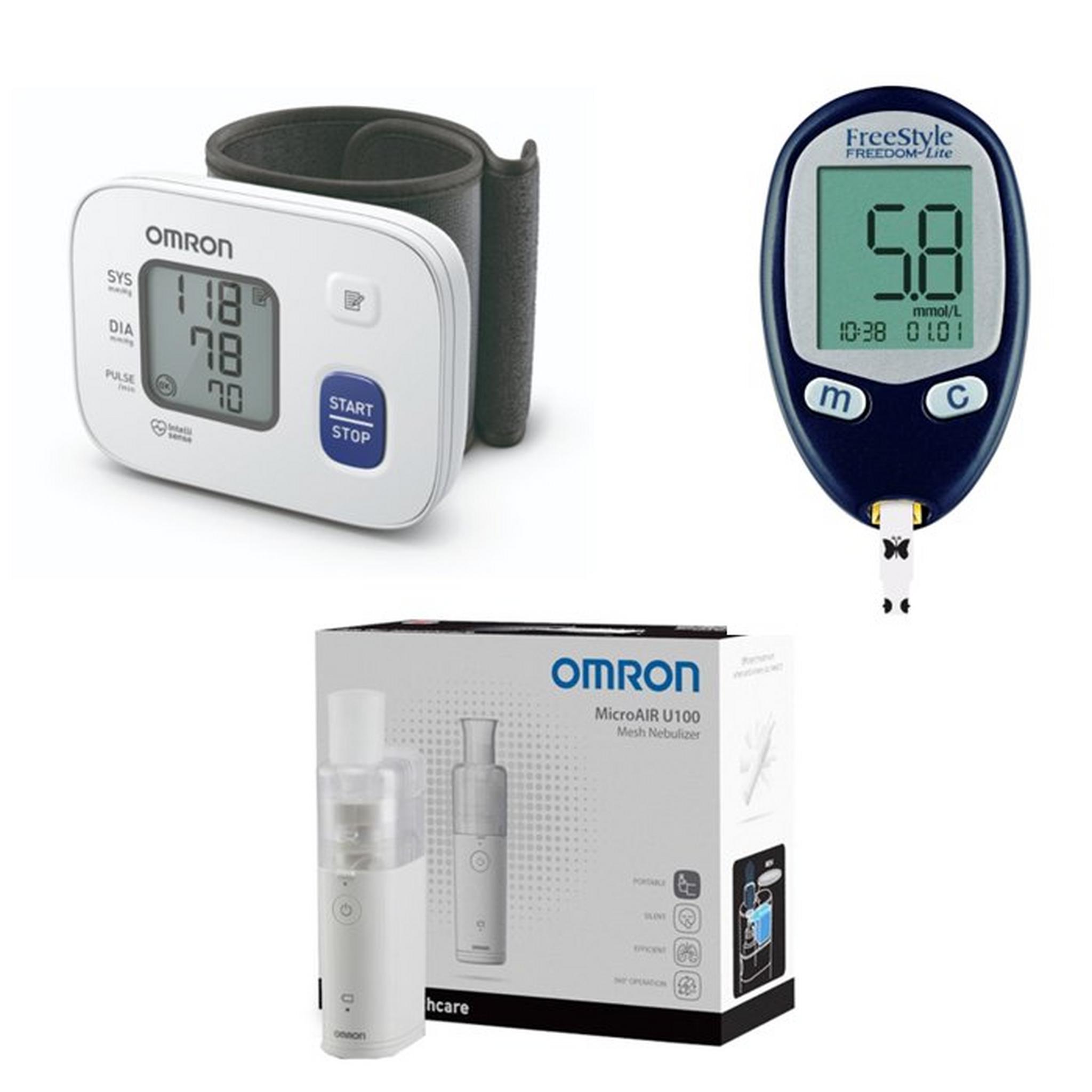 Omron RS2 Digital Wrist Blood Pressure Monitor + Micro Air U100 Mesh Nebulizer + Freestyle Glucometer Monitor Bundle, NEU100E+HEM6161E+7108770
