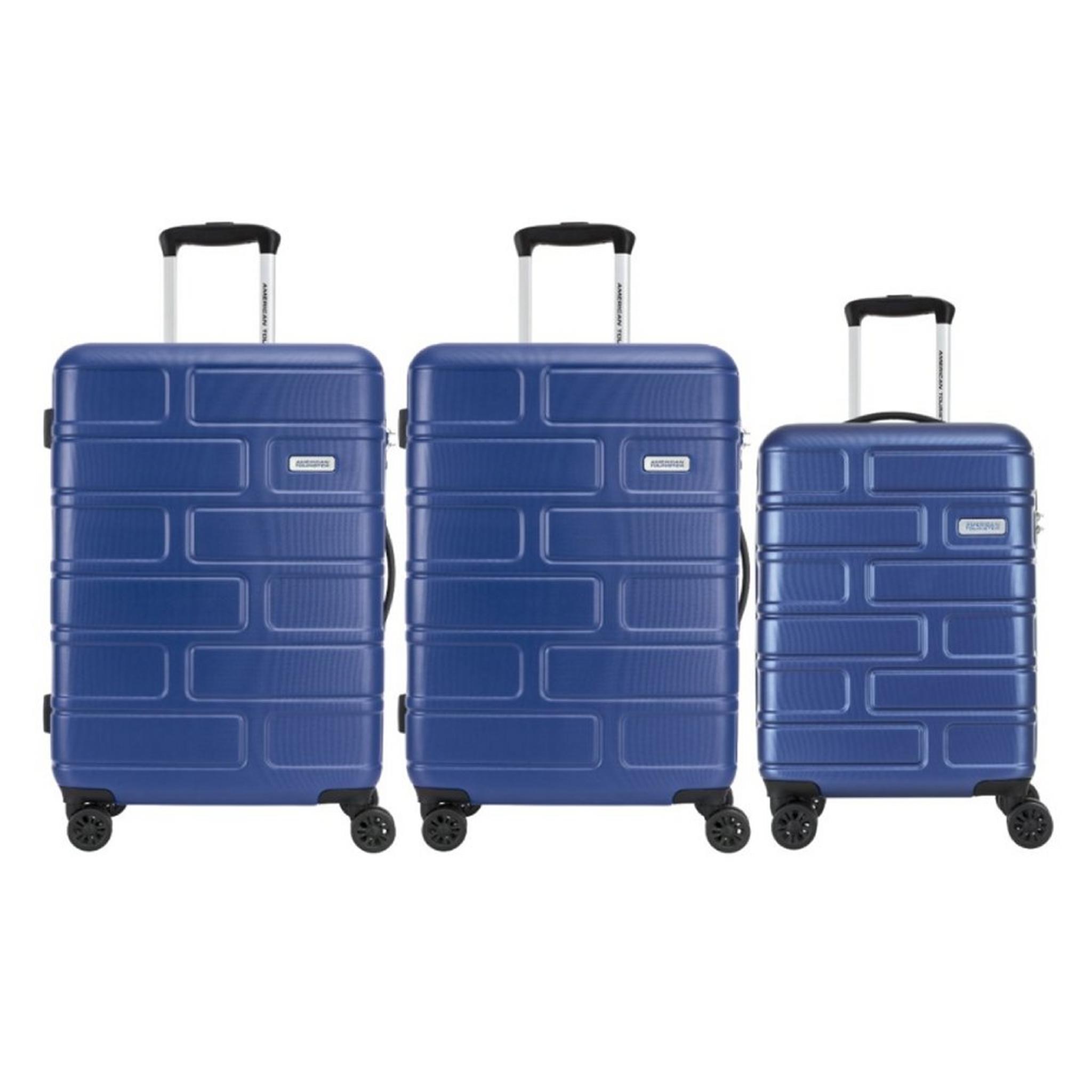 طقم حقائب سفر بريكلين بجوانب صلبة وعجلات دوارة من أمريكان توريستر،مكون من حقيبتين متوسطتين وواحدة صغيرة، GE3X71006MMS – أزرق