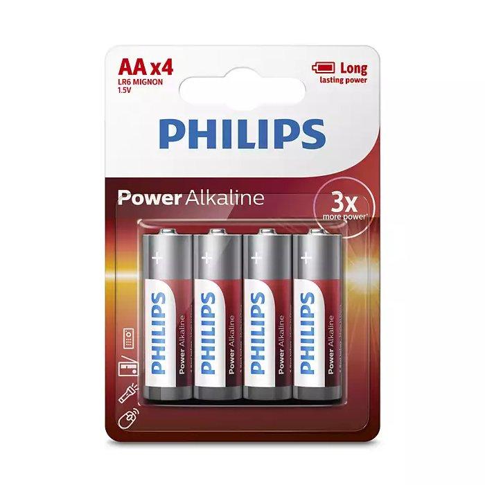 PHILIPS LIGHTING Power Alkaline AA 1.5V Battery, 4PCS, LR6P4B/97 - Red
