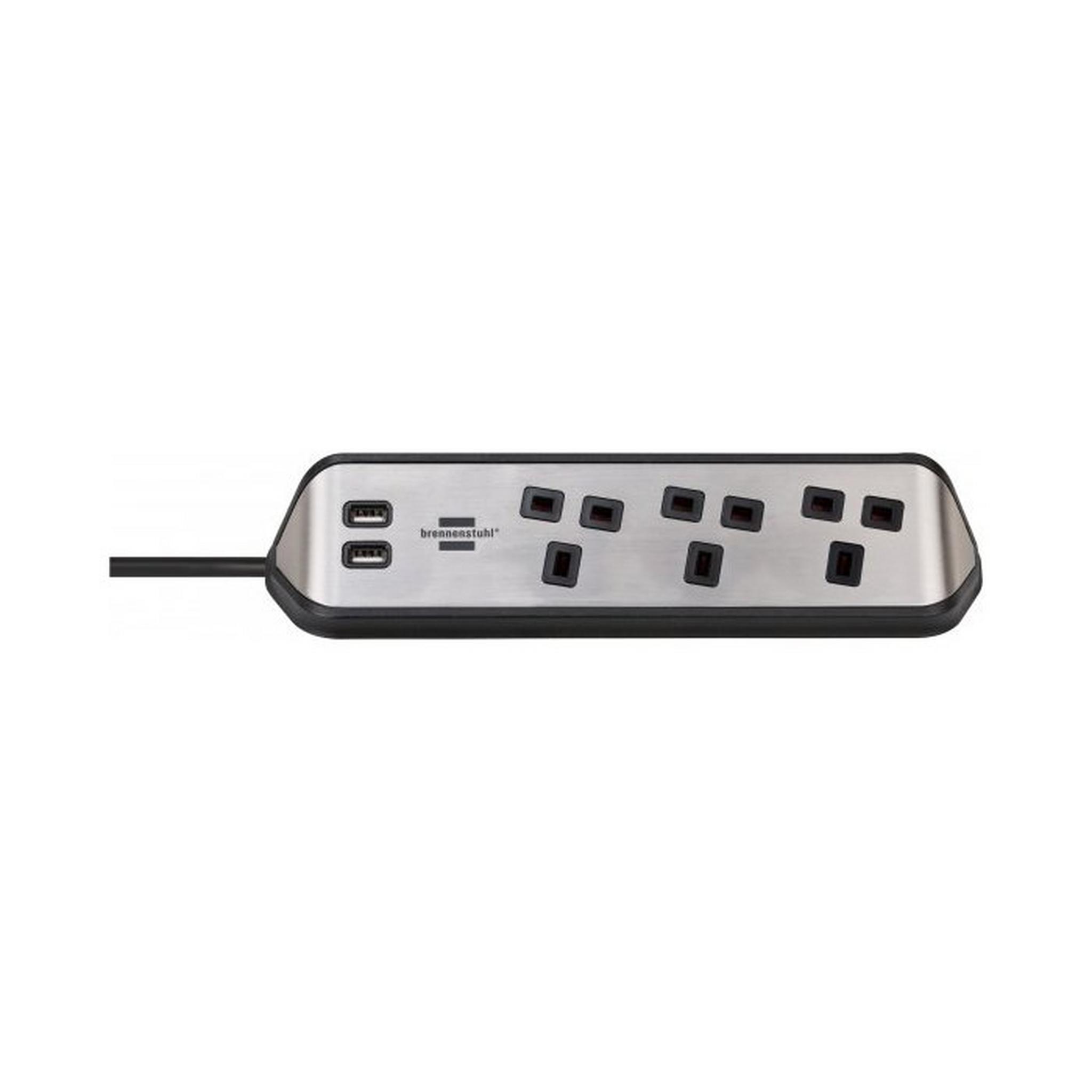 BRENNENSTUHL 3 Sockets Power Extension, 2M, 2 USB Ports, 1153593410 - Silver/ Black