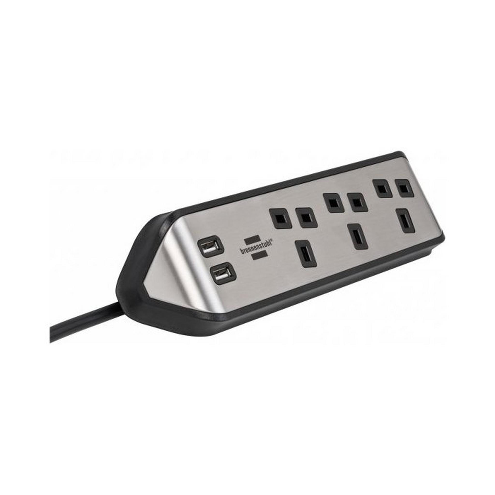 BRENNENSTUHL 3 Sockets Power Extension, 2M, 2 USB Ports, 1153593410 - Silver/ Black