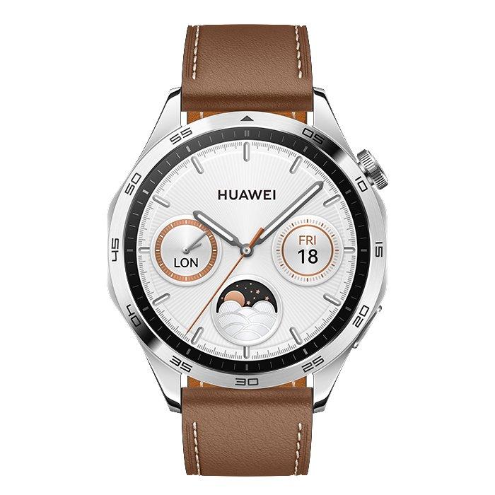 Buy Huawei watch gt4, 46mm, stainless-steel body, leather strap - brown in Kuwait