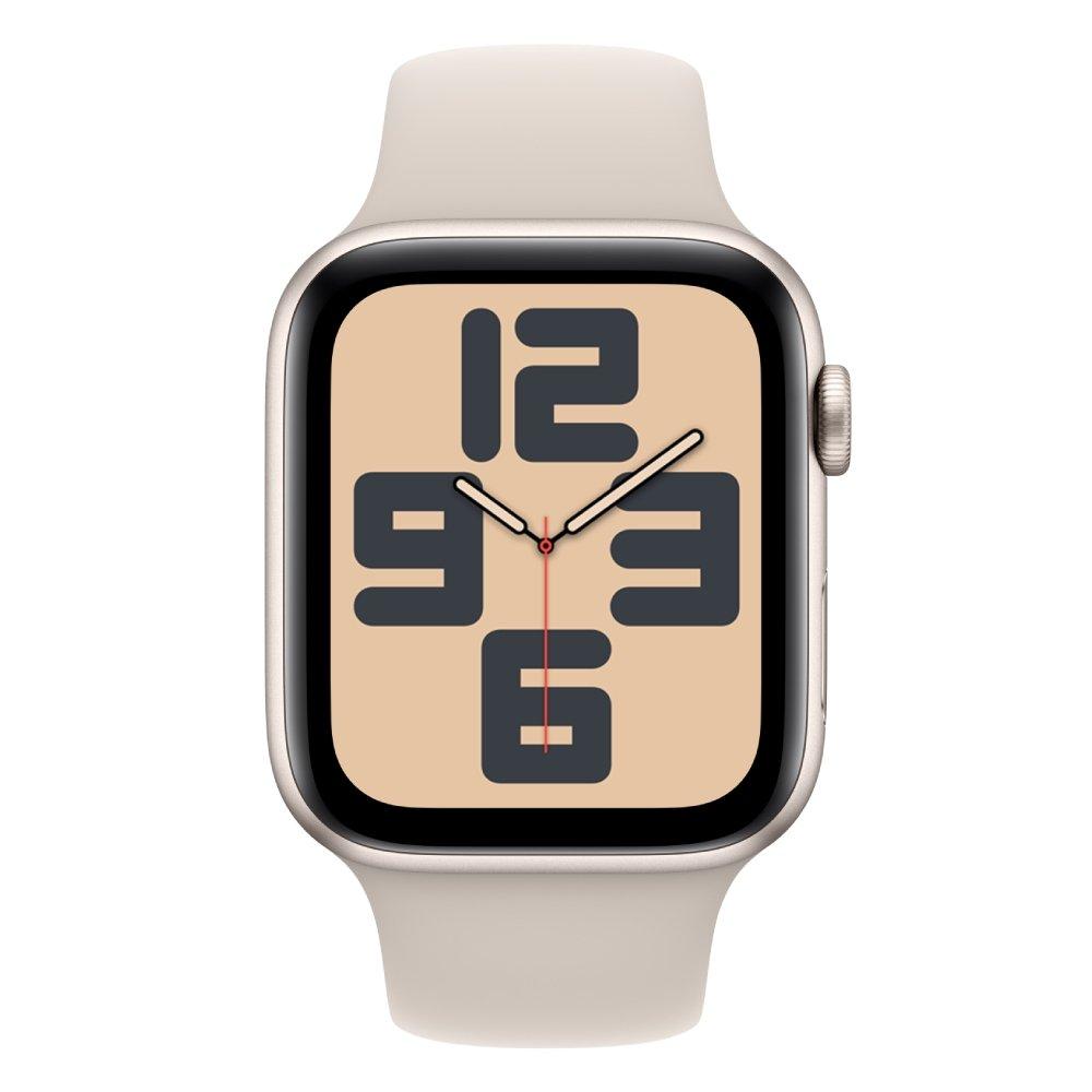 ساعة أبل إس إي جي بي إس 40 ملم هيكل ألومنيوم ستارلايت كريمي مع سوار رياضي ستارلايت كريمي صغير/وسط