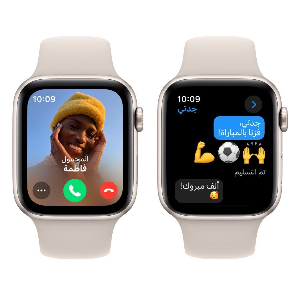 ساعة أبل إس إي جي بي إس 40 ملم هيكل ألومنيوم ستارلايت كريمي مع سوار رياضي ستارلايت كريمي صغير/وسط