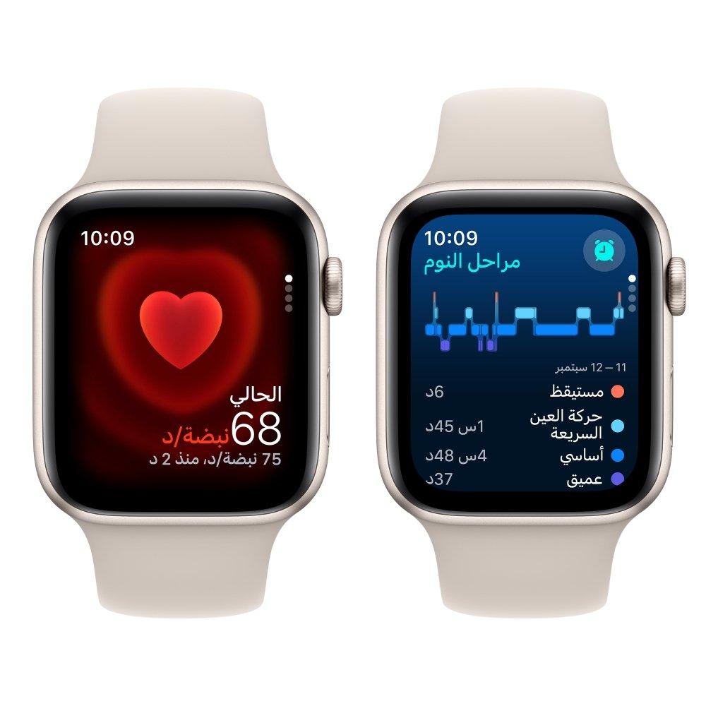 ساعة أبل إس إي جي بي إس 40 ملم هيكل ألومنيوم ستارلايت كريمي مع سوار رياضي ستارلايت كريمي صغير/وسط