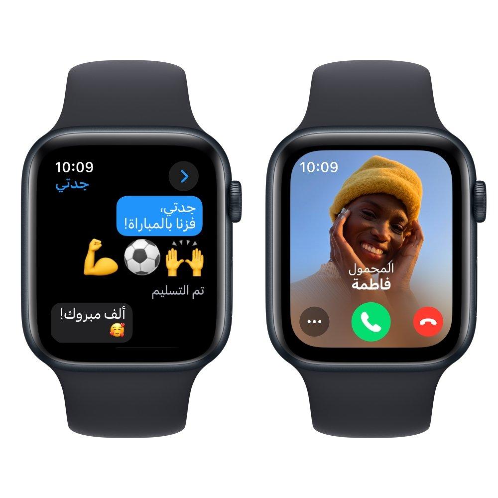 ساعة أبل إس إي جي بي إس 40 ملم هيكل ألومنيوم أسود ميدنايت مع سوار رياضي أسود ميدنايت وسط/كبير