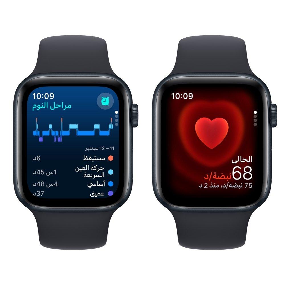 ساعة أبل إس إي جي بي إس 40 ملم هيكل ألومنيوم أسود ميدنايت مع سوار رياضي أسود ميدنايت وسط/كبير