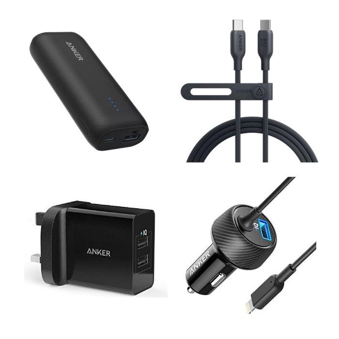 كابل أنكر 544 يو إس بي-سي إلى يو إس بي-سي 0.9 متر + بطارية شحن خارجي 321 من انكر، بسعة 5000 ملي أمبير + شاحن سيارة أنكر باور درايف ٢ إليت لايتنينج + شاحن باوربورت بمنفذين من أنكر – أسود