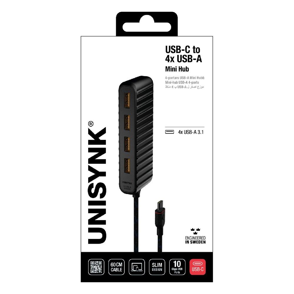 UNISYNK USB-C to 4 USB-A Hub charger, 10426– Black