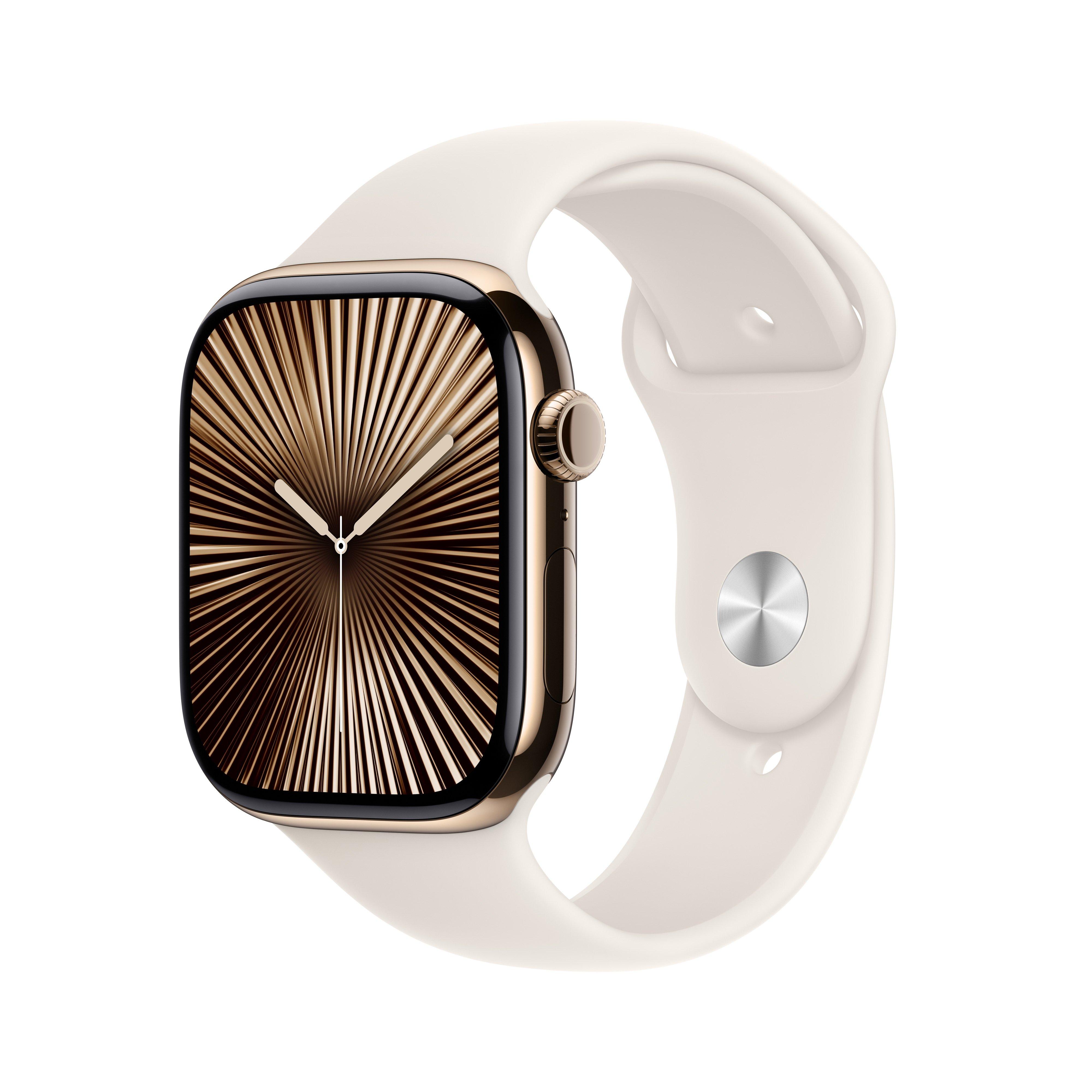 Buy Apple watch series 10 gps + cellular 46mm gold titanium case with starlight sport band ... in Kuwait