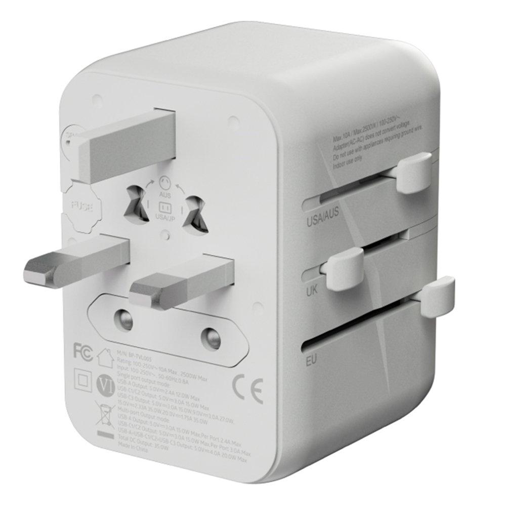 Bluepebble Passport 5 World Travel Adapter with 3 USB-C & 2 USB-A, 35W, BP-TVL005-WH - White